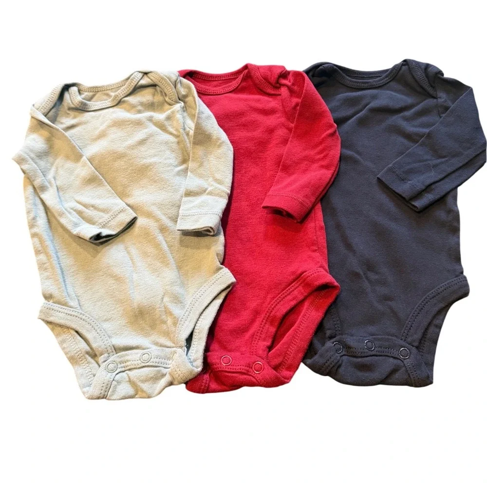 Carters Baby 3M Long Sleeve Bodysuit 3 Pack Light Blue Red Navy Cotton